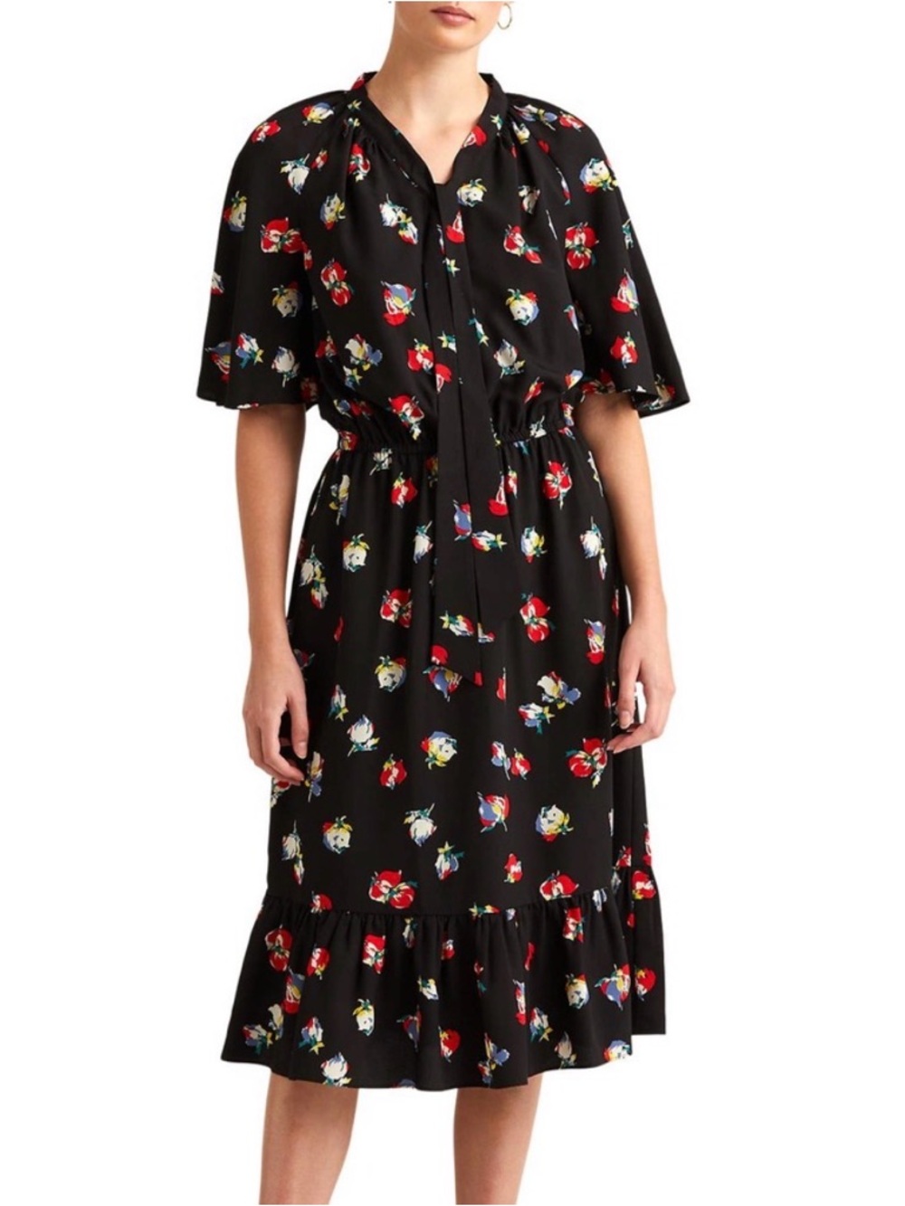 Ralph Lauren Black Label Floral Crepe Tie-Neck Midi Dress Flutter Sleeves Sz 12
